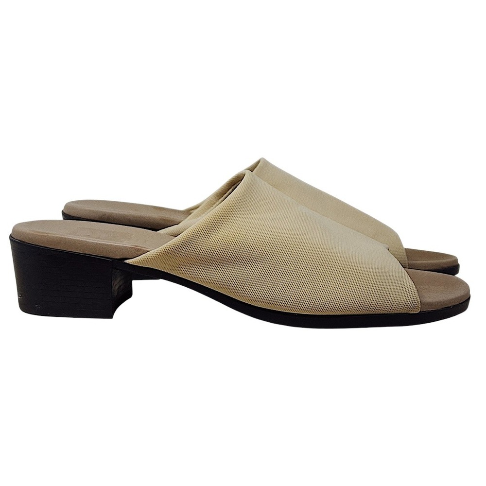 Munro Slide Sandals 8.5 M Wom Beige Mesh Open Toe Block Heel Mule Shoes Minimal - Picture 2 of 13